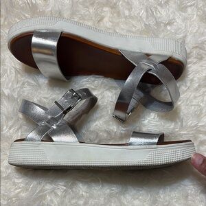 MIA Silver Sandals with Ankle Strap and Brown Footbed